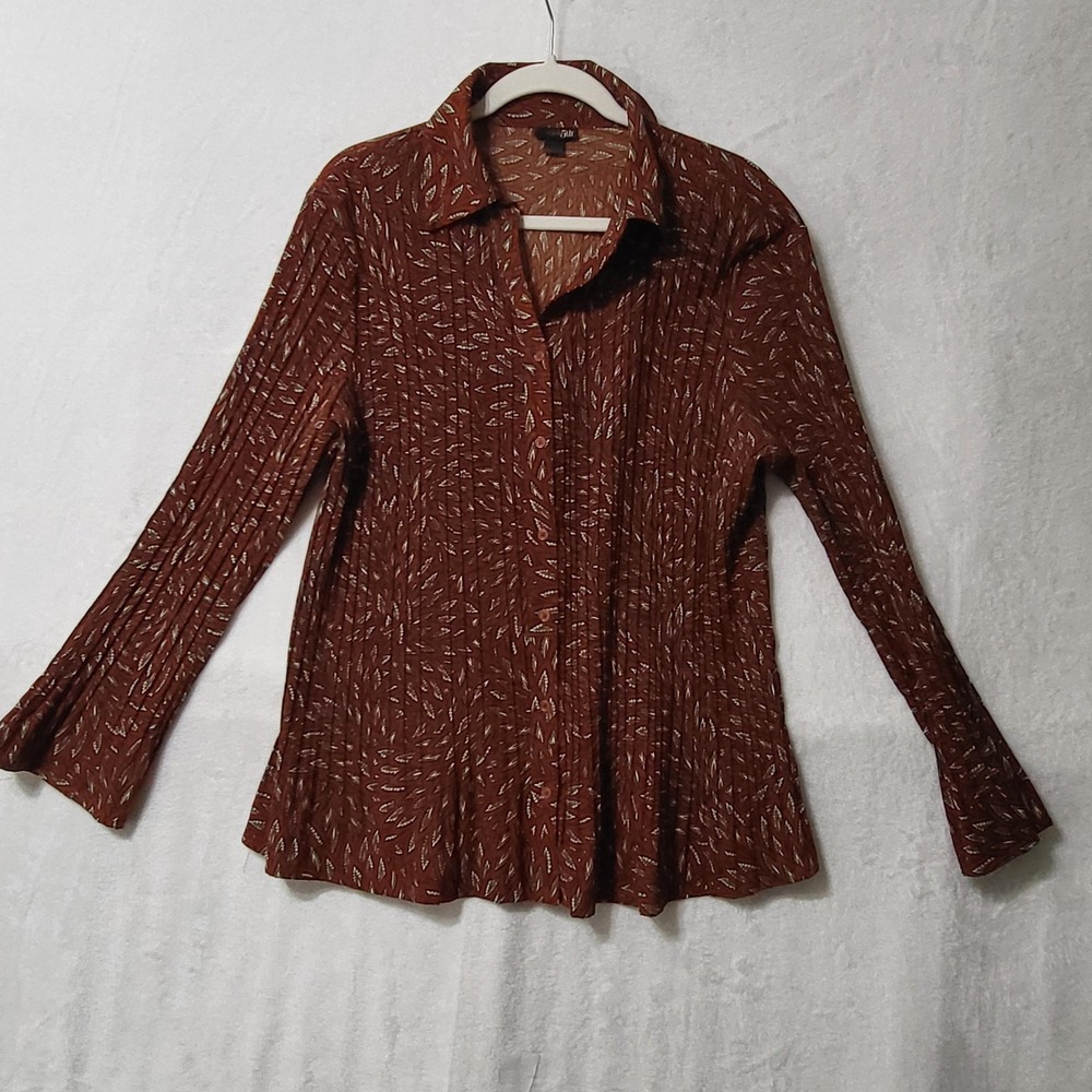 East 5th Shirt Womens Large Red Brown Leaf Print‎ Button Up Pleated Stretch Top